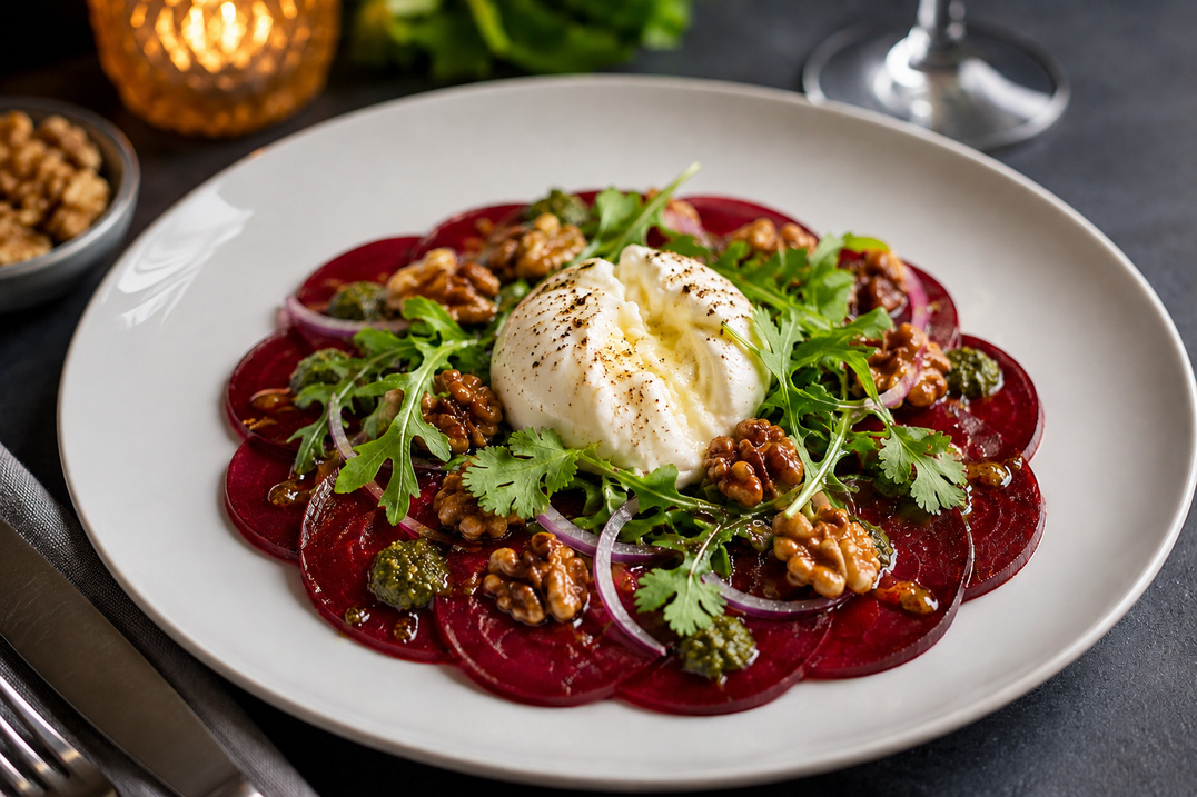 Burrata auf Rote-Bete-Carpaccio mit Walnüssen und grünem Pesto