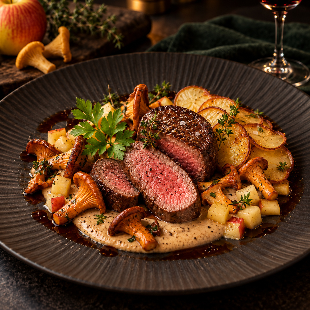Rinderfilet mit Pfifferling-Crème, Apfel und Kartoffelknusper