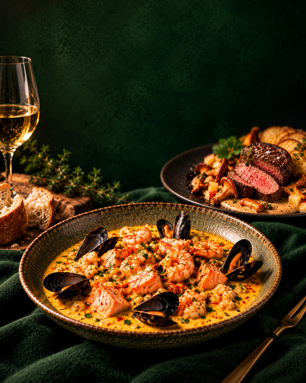 Meeresfrüchte-Ragout und Rinderfilet in der Bildwelt von Marin d’Or